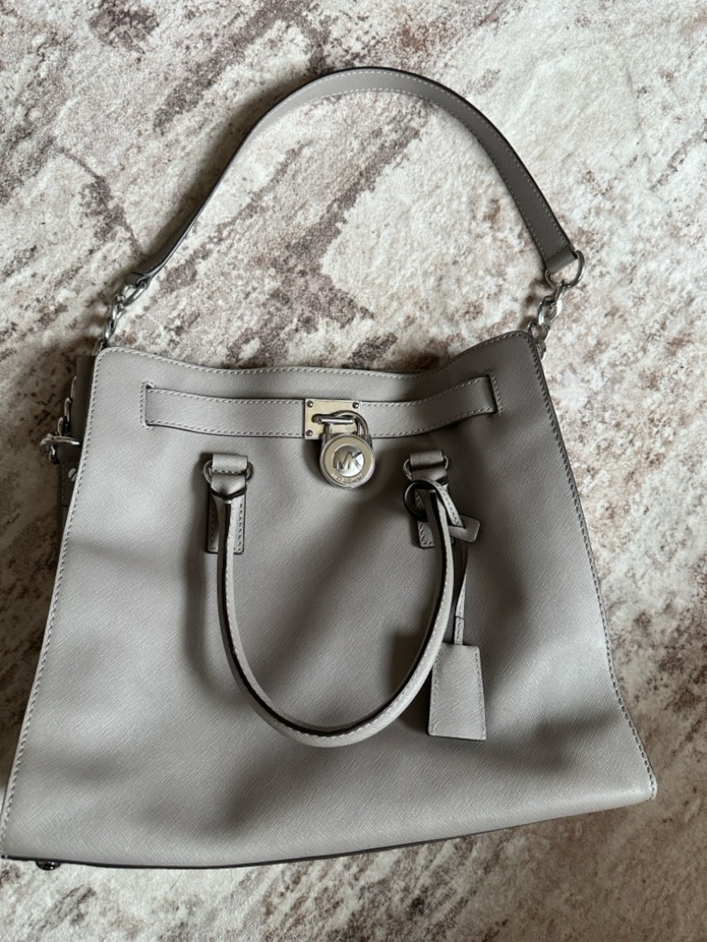 Michael Kors Hamilton Light Gray Saffiano Leather Shoulder Bag with MK Padlock